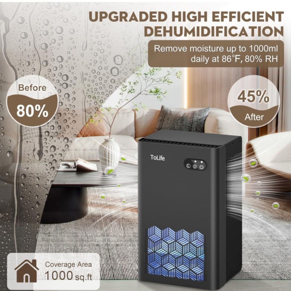 ToLife TZ-C2 Dehumidifiers (950 sq.ft) , 95oz.Tank, 7 Colors LED Light, NIB - Picture 5 of 16